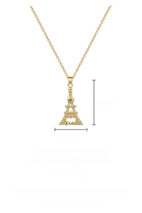 Detail of gold Eiffel Tower pendant necklace with love engraving and size dimensions