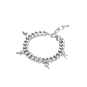 Silver Cuban link chain bracelet with small cross pendants for men and women in hip-hop style
