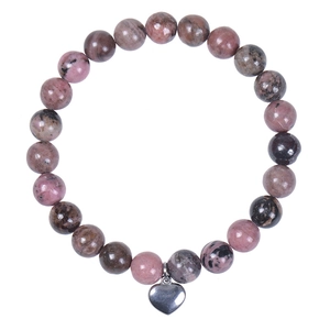 Detail of 8mm pink zebra jasper stone beads with a polished metal heart charm