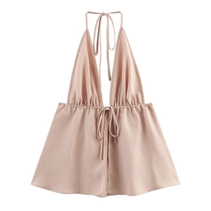 Haut licou rose avec col en V profond et taille à cordon en tissu texturé