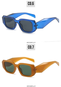 Detail of square sunglasses with geometric temple designs in navy and amber colors