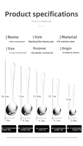 Size chart showing five dimensions of 410 stainless steel round spoons for dining use
