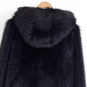 Back view of black faux fur hooded jacket for women in shaggy plush material