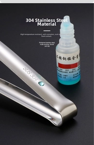 Close-up of food-grade 304 stainless steel kitchen tong with SUS 304 engraved mark