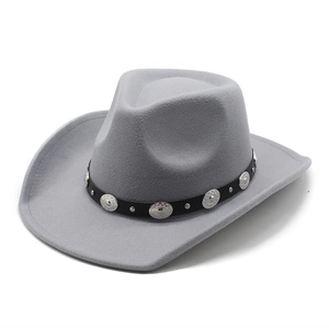 Close-up of a grey felt cowboy hat with a black leather belt and silver metal buckles