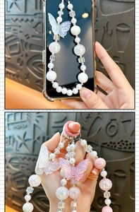 Detail view of iridescent butterfly beads and pearlescent charms for phone or bag.