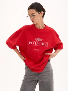 Red 100% cotton short sleeve t-shirt with PO LYUBVI graphic print and drop shoulder fit
