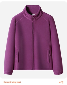 Detail of burgundy fleece jacket with full zipper, stand collar and thermal heat lining