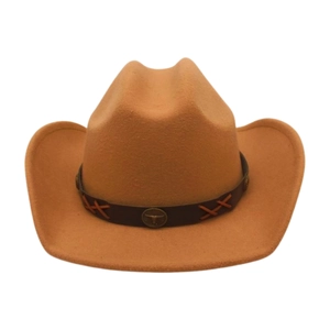 Detail of camel felt cowboy hat with brown leather band and bronze bull head emblem