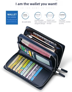Detail of genuine leather wallet showing 26 card slots and dual zipper compartment