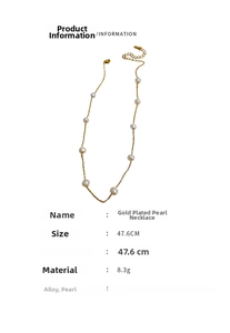 Detailed view of 47.6cm gold plated pearl necklace with specific size and material specs