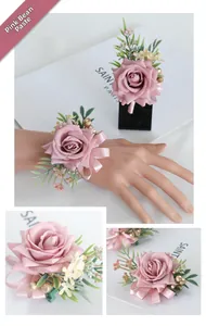 Detailed view of dusty pink wedding wrist corsage and boutonniere with silk petals