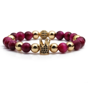Handmade crown bead bracelet with purple tiger eye stones and gold-plated micro-pave crown