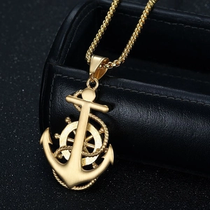 Hiphop gold plated anchor and rudder pendant necklace with rhinestones on steel chain