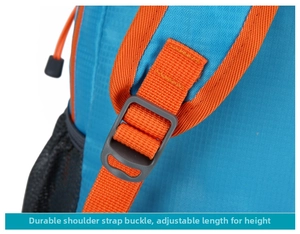 Close-up of sturdy adjustable buckle on blue and orange outdoor sports backpack straps
