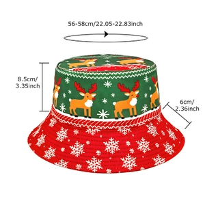Christmas bucket hat with reindeer and snowflake prints featuring size measurement details