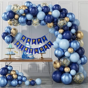 Detail view of blue and gold balloon arch kit with Happy Birthday banner for party decor