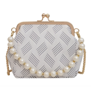 Elegant white shell bag with grey geometric pattern, gold clasp and large pearl handle strap