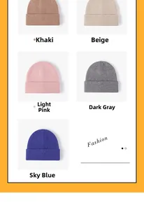 Detail showing ribbed knit beanies in khaki, beige, light pink, dark grey, and sky blue