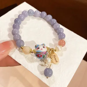 Bracciale Di Künstliche Perle Di Cristallo Con Ciondolo Gatto Della Fortuna In Ceramica E Perla Artificial Imitazione Etichetta Rame Gioielli Donna