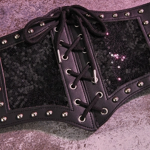 Dark gothic black leather waist corset with lace-up tie and shiny sequin accents