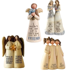 Handcrafted resin friendship figurines set featuring sisters and angels with gold accents
