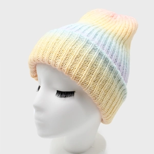 Rainbow gradient chunky knit beanie hat for women, colorful warm winter ribbed skull cap