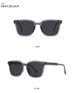 Detailed front and side views of gray transparent polarized sunglasses with metal rivets