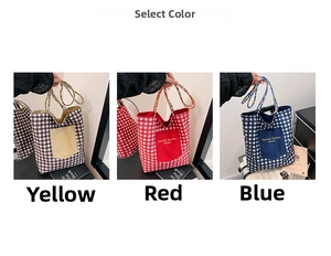 Tres variantes de bolsas tote grandes de lona a cuadros con asas de cuerda gruesa