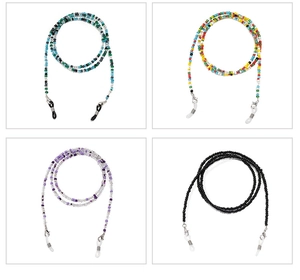 Detail of colorful seed bead eyewear chains with lobster clasps and anti-slip loops