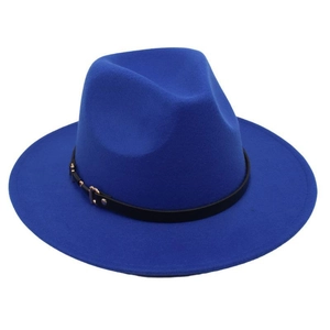 Detail of royal blue wool fedora hat featuring a slim black leather belt and gold buckle