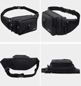 Multi-angle views of black nylon waist bag with water bottle holder and secure buckles