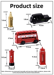 Detailed size guide for 5-piece London souvenir set including bus and phone box
