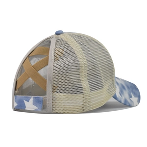 Detail view of cotton ponytail baseball cap with star print and cross elastic bands