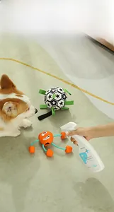 Close-up of 500ml pet odor eliminator spray being used near a Corgi and pet toys
