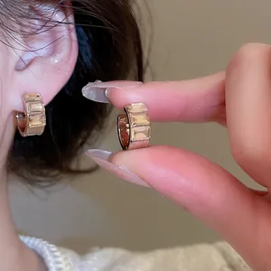 French Elegant Square Rhinestone Ear Buckle Hoop Earrings With Silver Earring Post For Women Simple Geometric Style