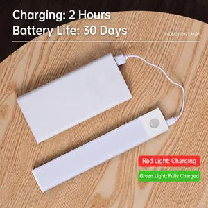 Slim white motion sensor LED cabinet light with USB charging on wooden surface