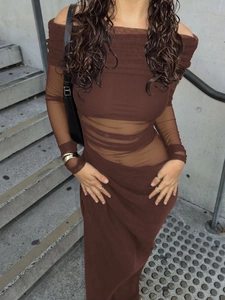 Elegant brown off-shoulder long sleeve mesh dress with a slim fit and sheer details