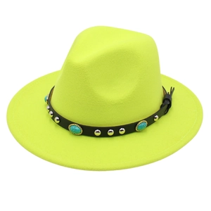 Detail of neon yellow fedora hat with black leather band, silver studs and turquoise stone