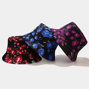 Classic floral bucket hats with rose prints in red blue and purple colors for sun protection