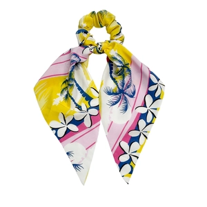 Tropical style ribbon scrunchie with coconut tree prints and long streamers for summer