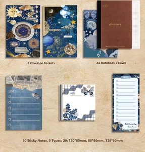 Detail view of vintage stationery set with A6 notebook, envelopes and sticker notes