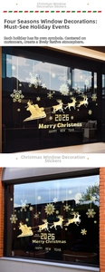 Detail of golden reindeer sleigh window stickers and snowflakes for Christmas store decor