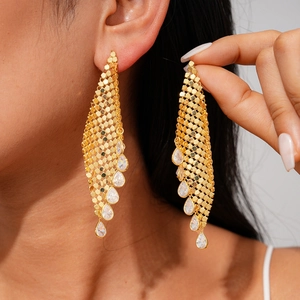Boucles D'oreilles Pendantes En Maille Métallique Cuivre Plaqué Or 18K Zircon Goutte Bijoux De Luxe Avec Tige En Argent