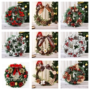 Artificial Christmas Wreath With Pine Needles Pinecones Berries Bowknot Merry Christmas Sign For Front Door Window Holiday Home Decor