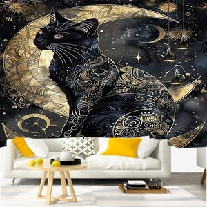 Detail of artistic black cat tapestry with sun moon mandala patterns in a modern living room