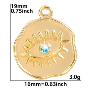 Detail view of gold 18k plated evil eye pendant with blue crystal and precise dimensions