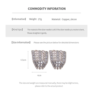 Detailed spec sheet showing 4.5cm square earrings with cubic zirconia and S925 silver pins