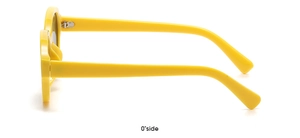 Side view of trendy oval bright yellow candy-colored sunglasses with glossy finish