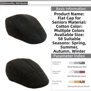 Detail view of cotton herringbone and plaid newsboy caps showing size 58 specifications
